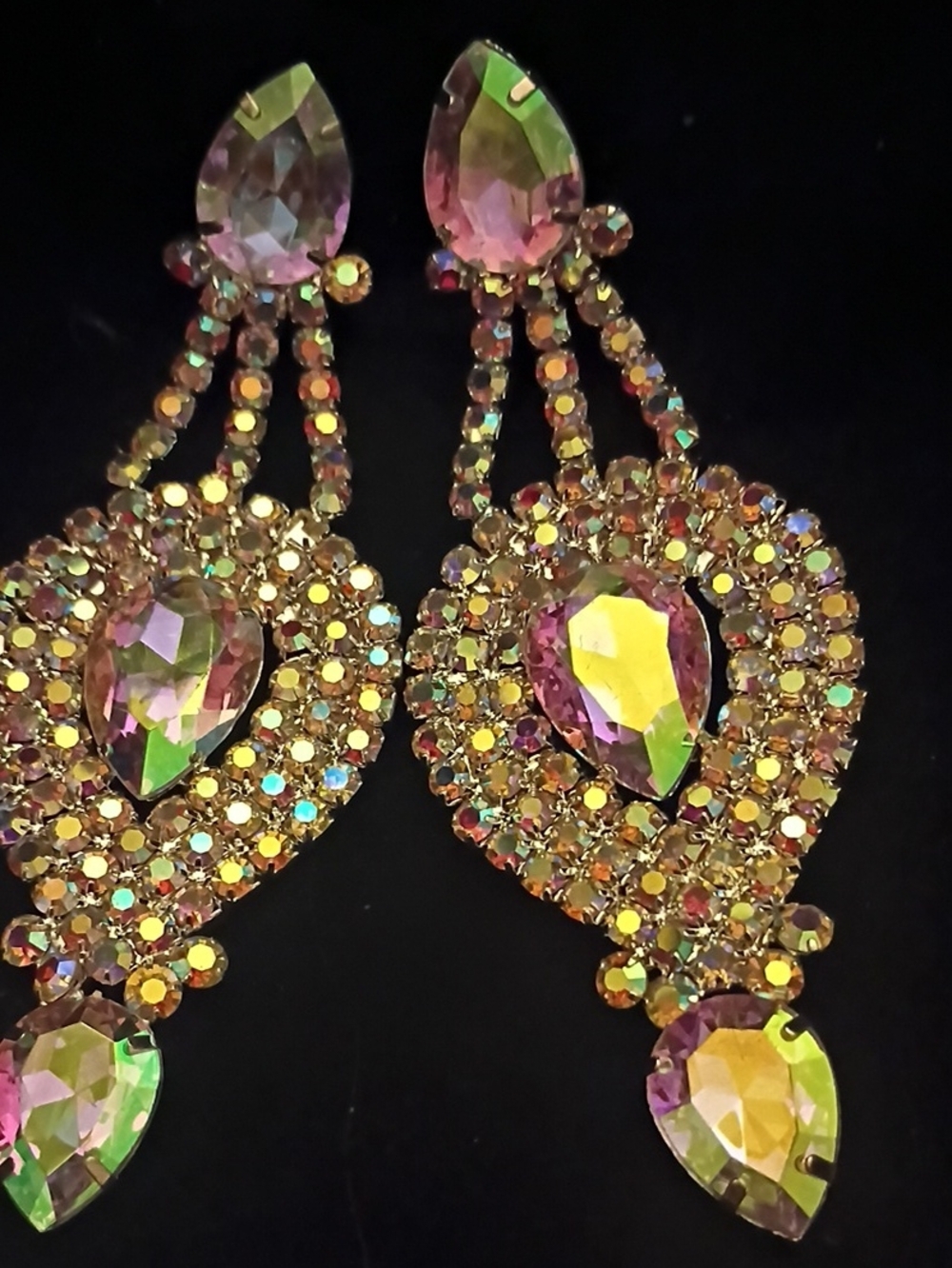 Aurora-Effect Teardrop Chandelier Earrings - Pink Green Crystal